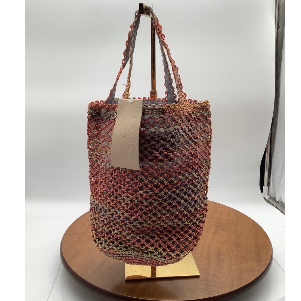 Helen Kaminski Raffia Crochet Market Bag Pink‎ Orange Multi Mesh Tote NWT